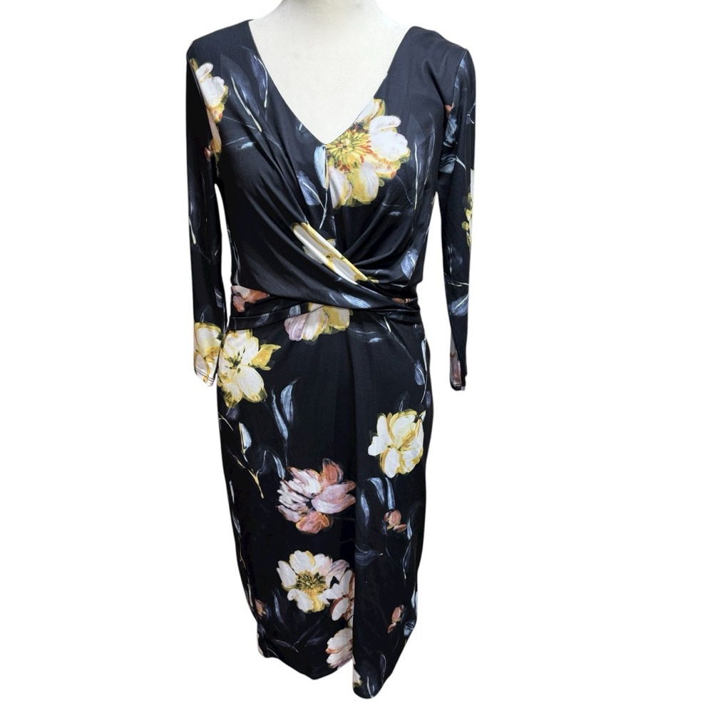 Floral Surplice V-Neck Twist Waist Midi ‎ Dress Black/Yellow 3/4 Sleeve #800